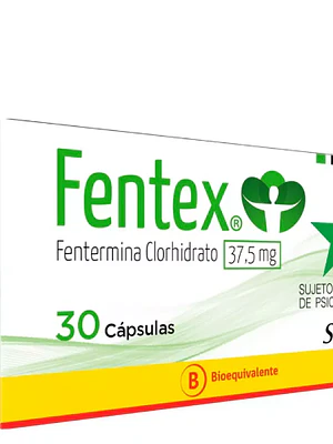 Fentex (B) Fentermina 37,5 mg 30 Cápsulas. Medicamento controlado venta presencial 