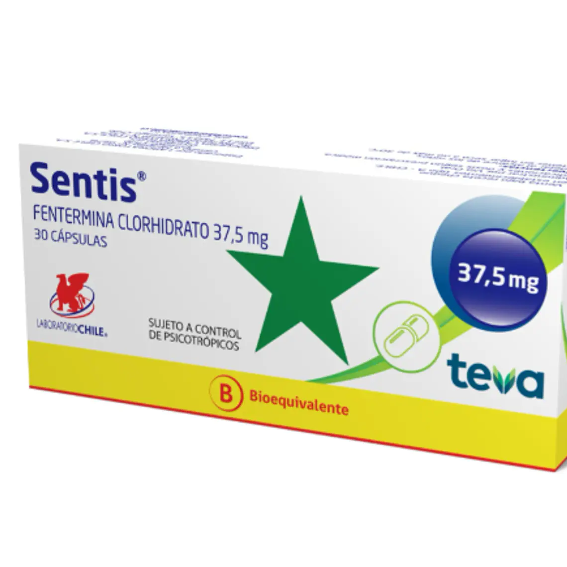 Sentis (B) Fentermina 37,5 mg 30 Cápsulas. Medicamento controlado venta presencial. 1