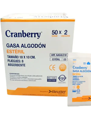 Gasa esteril algodón 10x10 cm 50 sobres de 2 Unidades. Cranberry Reutter.
