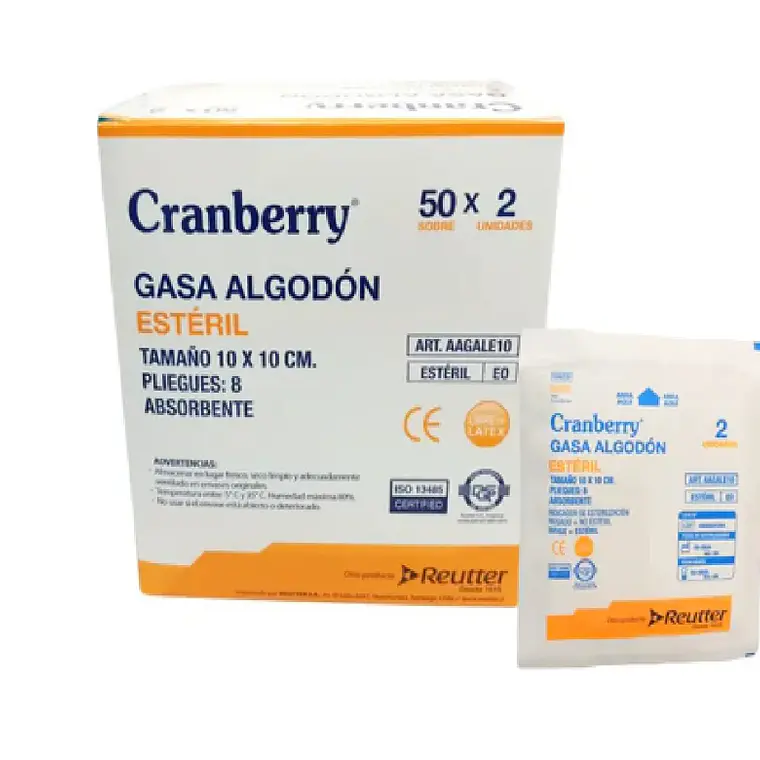 Gasa esteril algodón 10x10 cm 50 sobres de 2 Unidades. Cranberry Reutter. 1