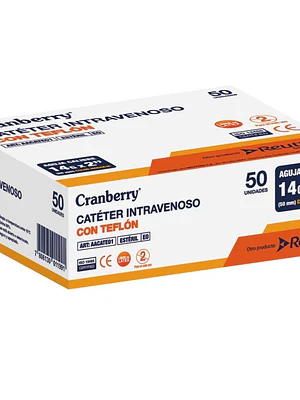 Cateter Intravenoso 14 G x 2 aguja 50 mm 50 Unidades. Cranberry Reutter