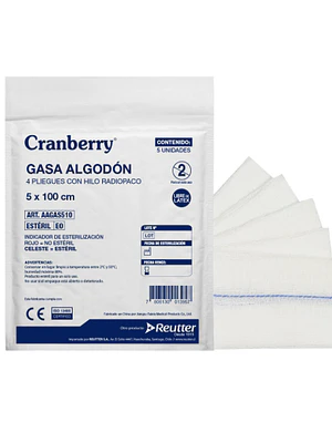 Gasa algodón 4 pliegues con hilo radiopaco 5 x 100 cm 10 Sobres.