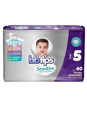 Pañal BBtips Sensitive XG 40 Unidades. talla 5