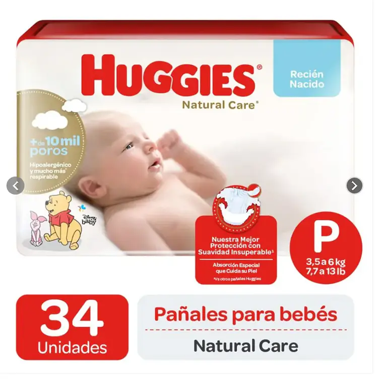 Pañal Huggies Natural Care P 34 Unidades. 1