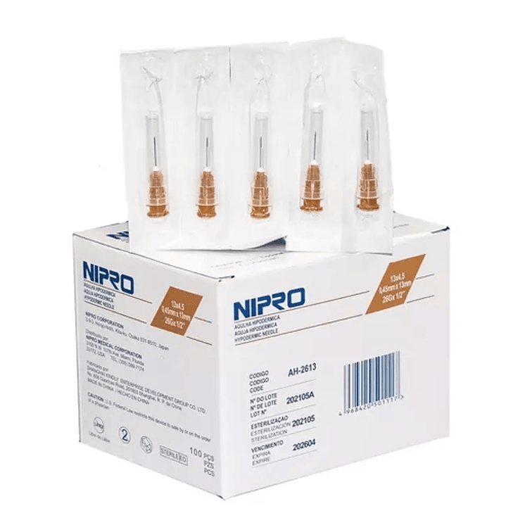 Aguja hipodérmica 26 G x 1/2 Nipro 100 Unidades. 1