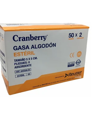 Gasa algodón estéril 5x5 Cranberry 50 sobres de 2 Unidades.