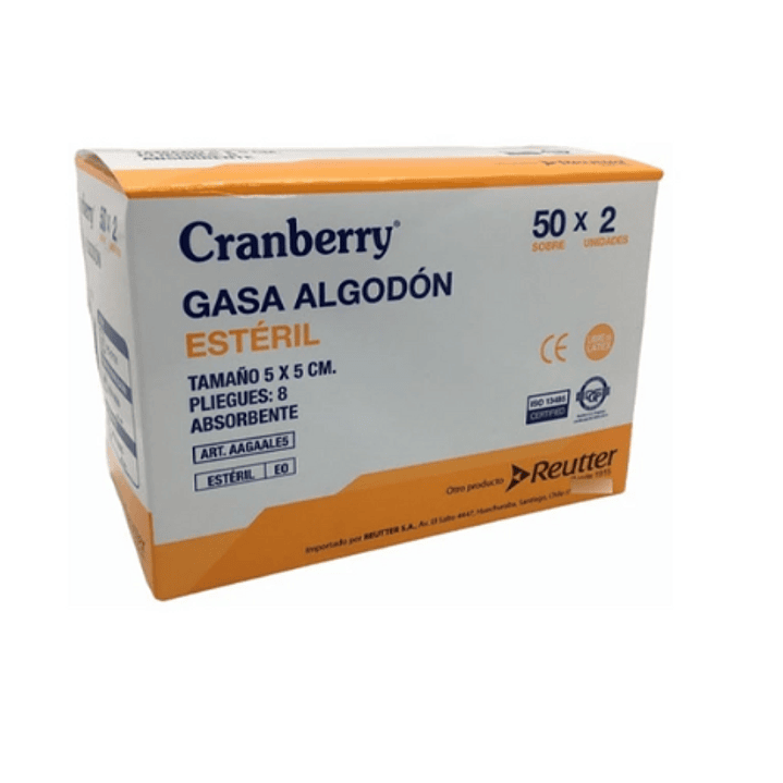 Gasa algodón estéril 5x5 Cranberry 50 sobres de 2 Unidades. 1