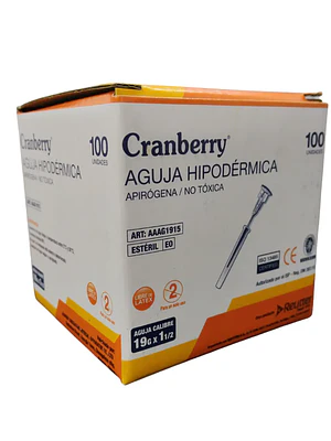 Aguja hipodérmica 19 G x 1 1/2 Cranberry 100 Unidades. Reutter