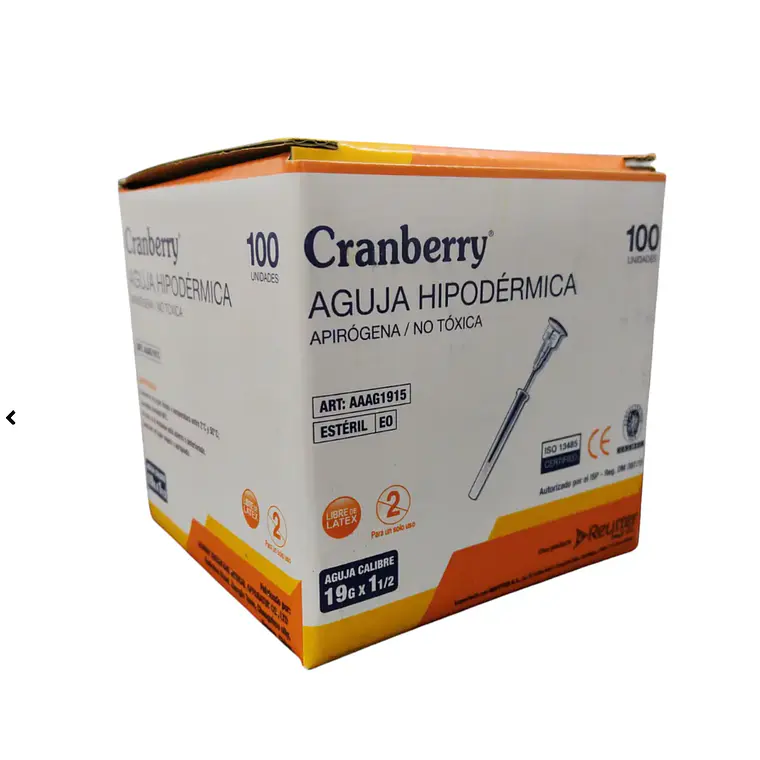 Aguja hipodérmica 19 G x 1 1/2 Cranberry 100 Unidades. Reutter 1