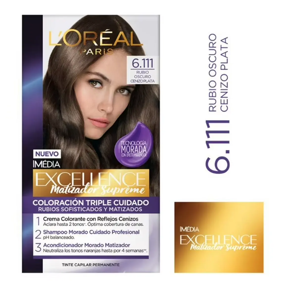Tinte para el cabello Excellence Matizador supreme  6.111 Rubio oscuro cenizo plata. L'oreal 1