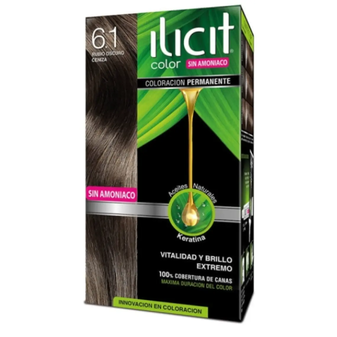 Tinte para el cabello Ilicit sin amoníaco 6.1 Rubio oscuro ceniza. 1