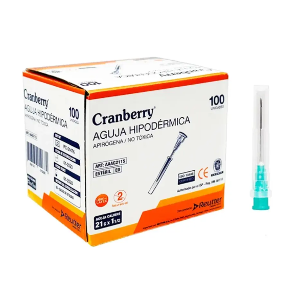 Aguja hipodérmica 21 G x 1 1/2 Cranberry 100 Unidades. Reutter