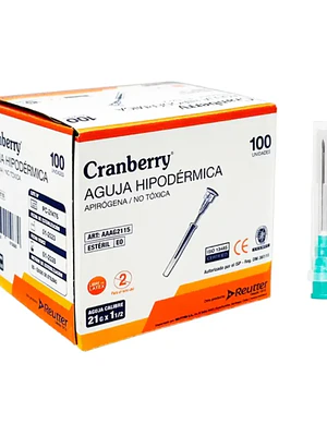 Aguja hipodérmica 21 G x 1 1/2 Cranberry 100 Unidades. Reutter