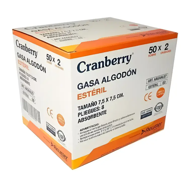 Gasa algodón esteril 7,5 x 7,5 cm Carnberry 50 sobres 2 Unidades.Reutter 1