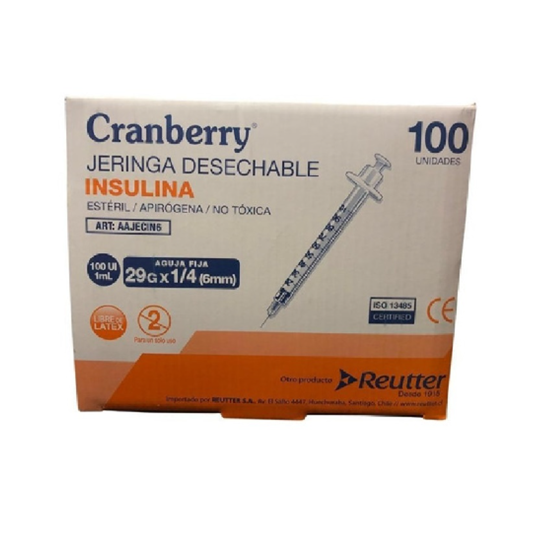 Jeringa de insulina 100 UI 29 x 1 /4 Cranberry 100 Unidades. Reutter 1