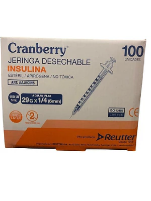 Jeringa de insulina 100 UI 29 x 1 /4 Cranberry 100 Unidades. Reutter