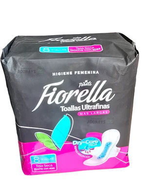 Fiorella Toalla Ultrafina Nocturna tela seca con alas 8 Unidades.