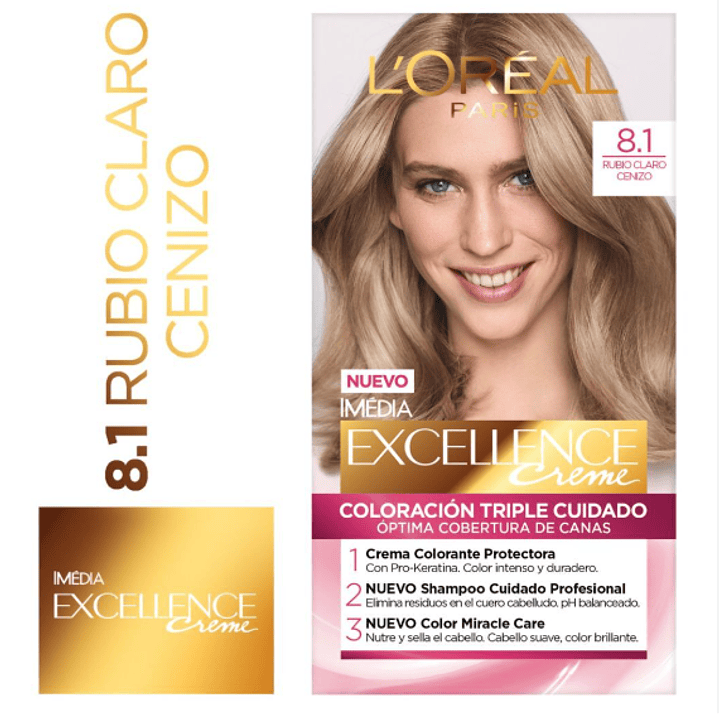 Coloración Excellence Creme 8.1 Rubio claro ceniza. L'oréal 1