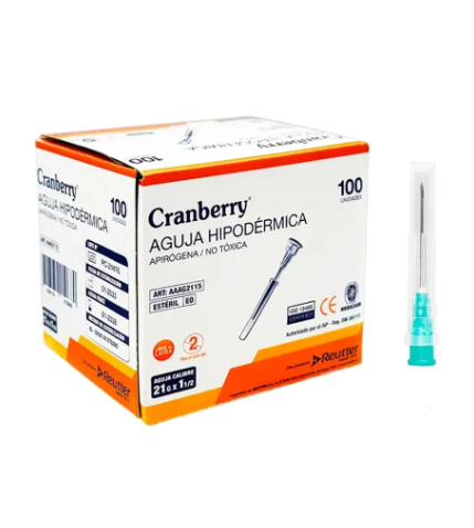 Aguja hipodérmica 21 G x 1 1/2 Cranberry 100 Unidades. Reutter