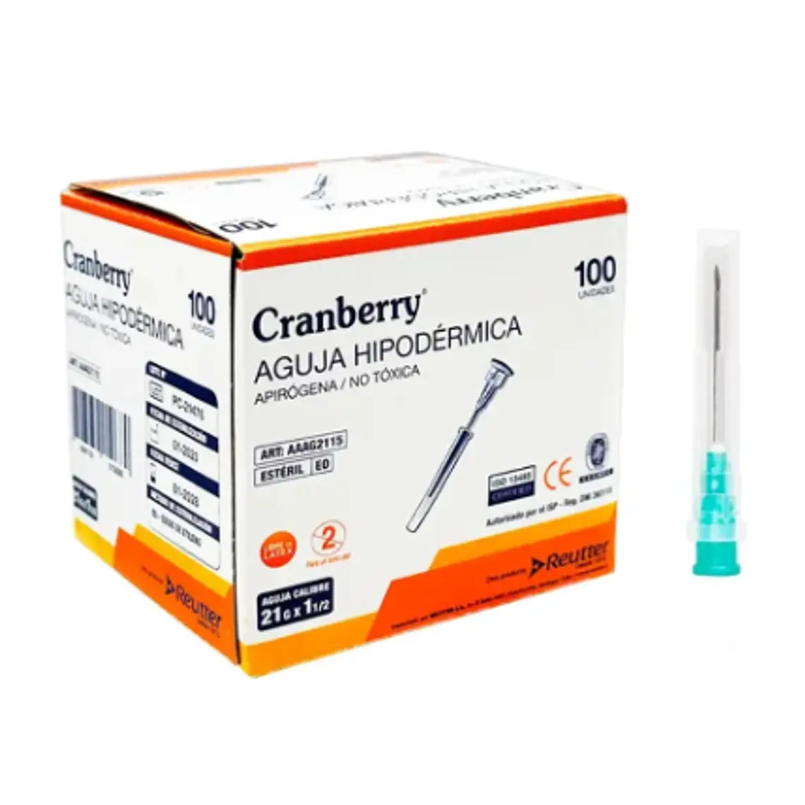 Aguja hipodérmica 21 G x 1 1/2 Cranberry 100 Unidades. Reutter  1