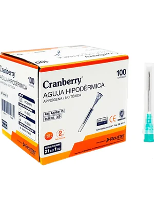 Aguja hipodérmica 21 G x 1 1/2 Cranberry 100 Unidades. Reutter 