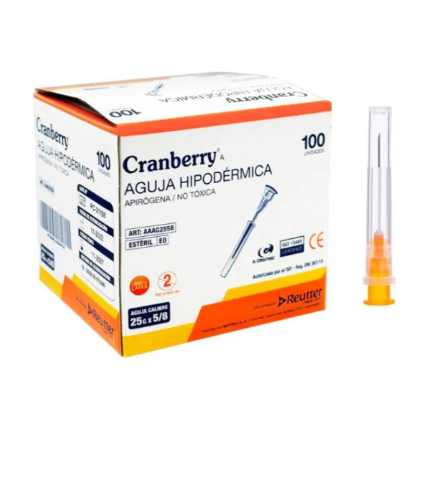 Aguja hipodérmica 25x5/8 Cranberry 100 Unidades.