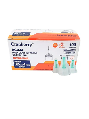Aguja para lápiz inyector de insulina Ultrafina 32 Gx 4 mm Cranberry 100 Unidades.
