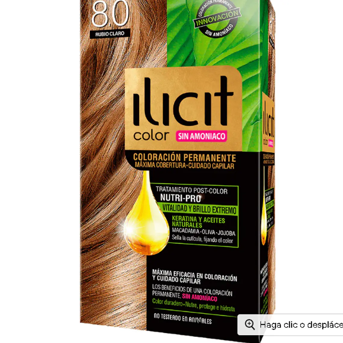 Tinte para el cabello Iliciti sin amoníaco 8.0 Rubio claro. 1