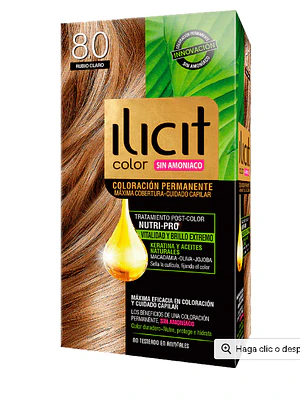 Tinte para el cabello Iliciti sin amoníaco 8.0 Rubio claro.