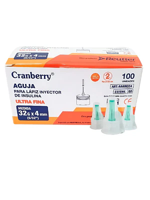 Aguja para lápiz inyector de insulina 32 G x 4 mm 100 Unidades Droplet.