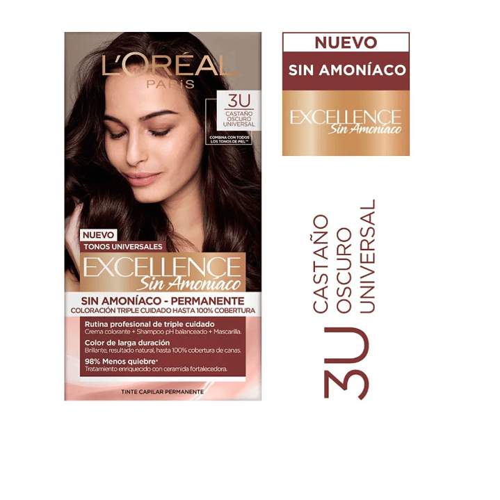 Tintura permanente Excellence sin amoníaco 3U Castaño oscuro. L'oréal 1