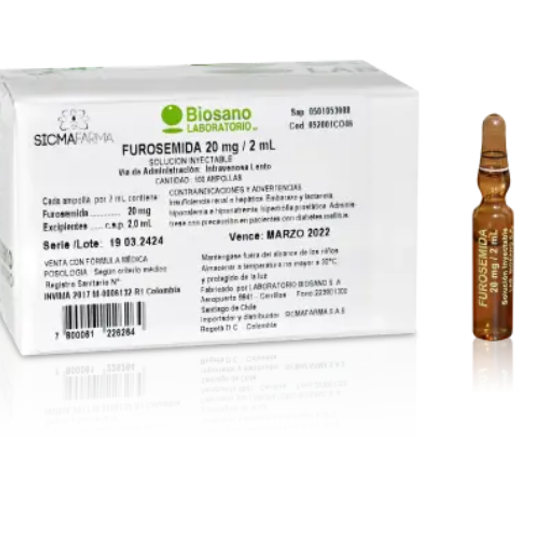 Furosemida 20 mg Solución inyectable Caja 100 Ampollas 1 ml. Biosano  1