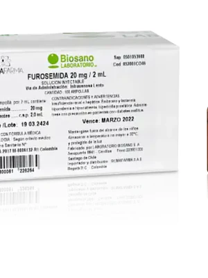 Furosemida 20 mg Solución inyectable Caja 100 Ampollas 1 ml. Biosano 