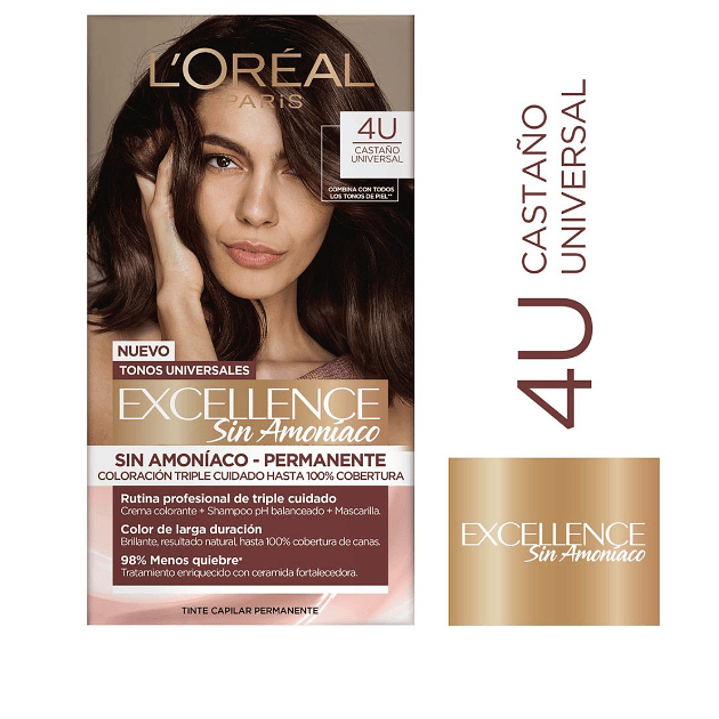 Tintura permanente Excellence sin amoníaco 4U Castaño. L'oréal 1