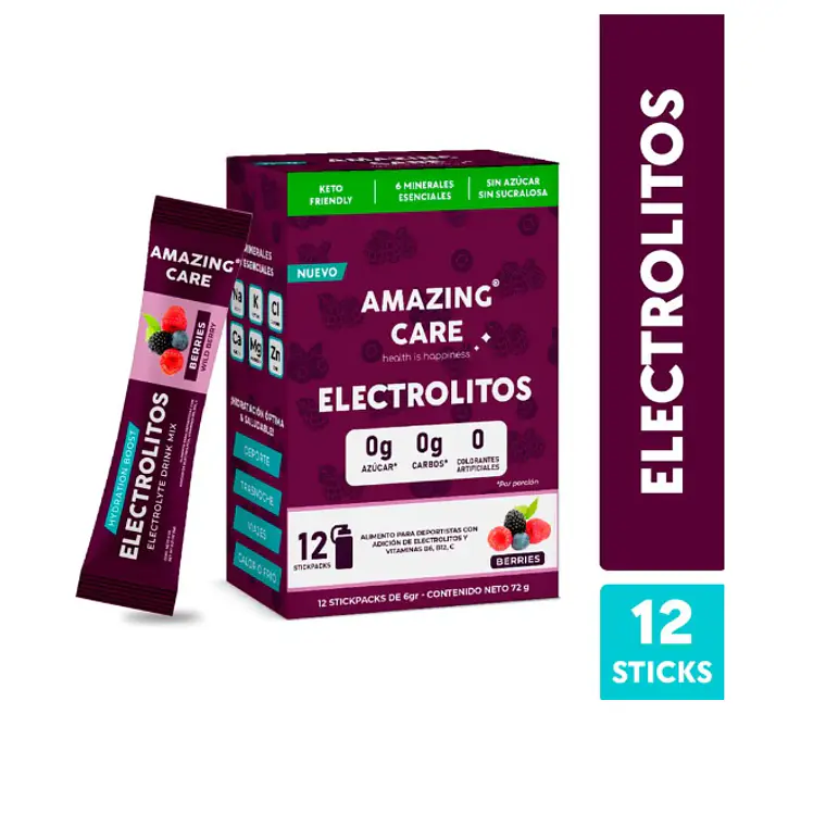 Amazing Care Electrolitos en polvo sabor berries 12 stick. 1
