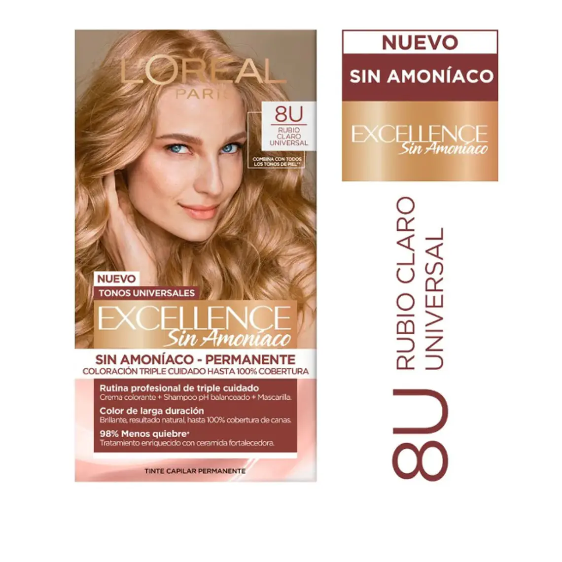 Tintura permanente Excellence sin amoníaco 8U. Rubio claro. L'oréal 1