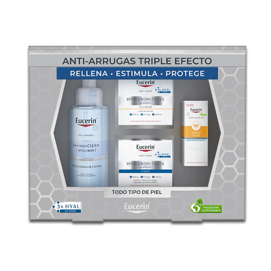Eucerin pack Hialuron filler gel limpiador + Crema de día + Crema de noche + FPS 50 Fluido. 1