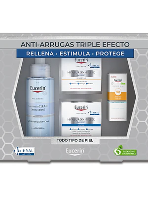 Eucerin pack Hialuron filler gel limpiador + Crema de día + Crema de noche + FPS 50 Fluido.