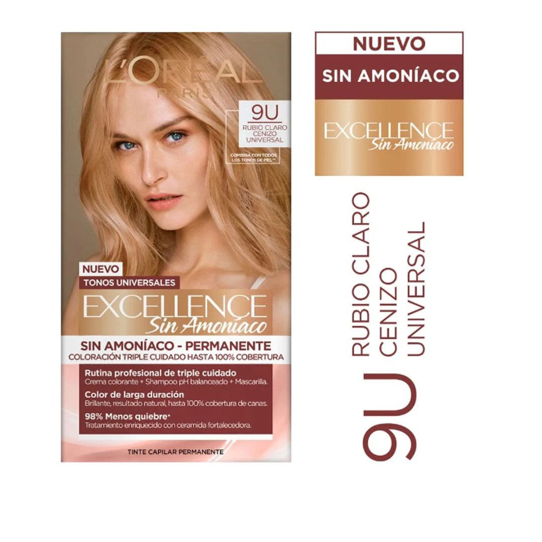 Tintura permanente Excellence sin amoníaco 9U Rubio claro cenizo. L'oréal 1