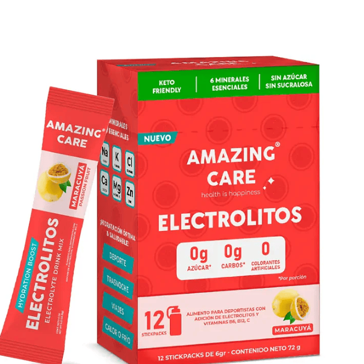Amazing Care Electrolitros en polvo sabor a maracuyá 12 stick. 1