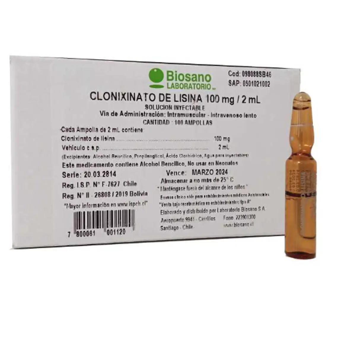 Clonixinato de Lisina 100 mg Solución inyectable 100 Ampollas 2 ml. Biosano 1