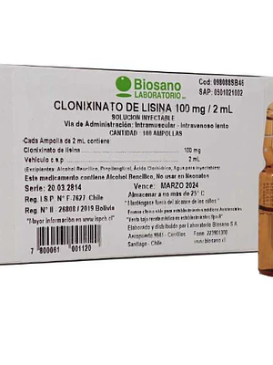 Clonixinato de Lisina 100 mg Solución inyectable 100 Ampollas 2 ml. Biosano