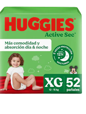 Pañal Huggies Active sec XG 52 Unidades.