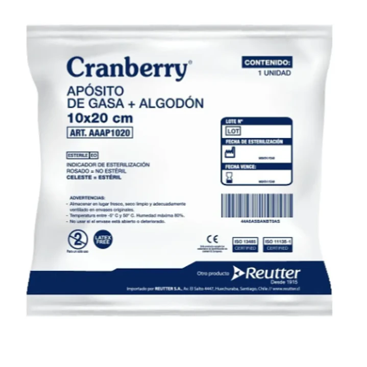 Apósito gasa+algodón estéril 10x20 cm 10 Unidades. Cranberry, Reutter 1
