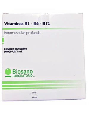 Vitaminas B1-B6-B12 10.000 U.I. Solución inyectable 3 ampollas. Biosano