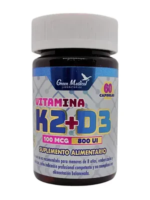 Vitamina K2+D3 100 mg 800 UI 60 Cápsulas. Green Medical