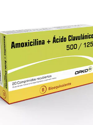 Amoxicilina+Ácido clavulánico (B) 500/125 mg 20 Comprimidos. Opko 