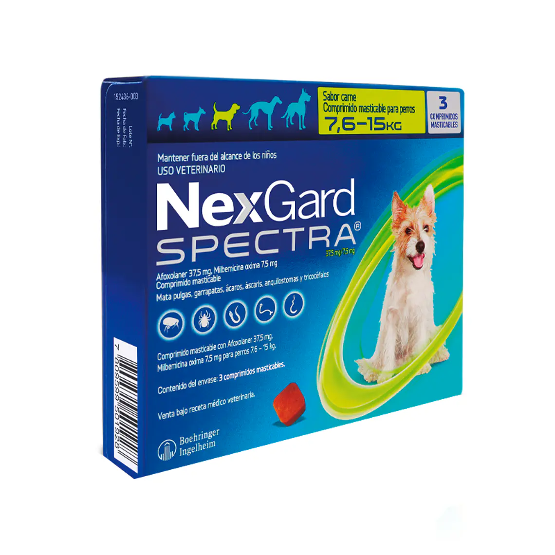 Nexgard Spectra para Perros de 7,6 - 15 Kilos, envase de 3 Comprimidos Masticables 1