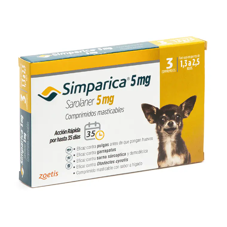 Simparica Sarolaner 5 mg 3 Comprimidos masticables. Uso veterinario 1