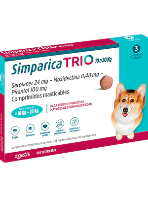 Simparica Trio Comprimidos 10.1 Kilos - 20 Kilos , envase de  3 Und